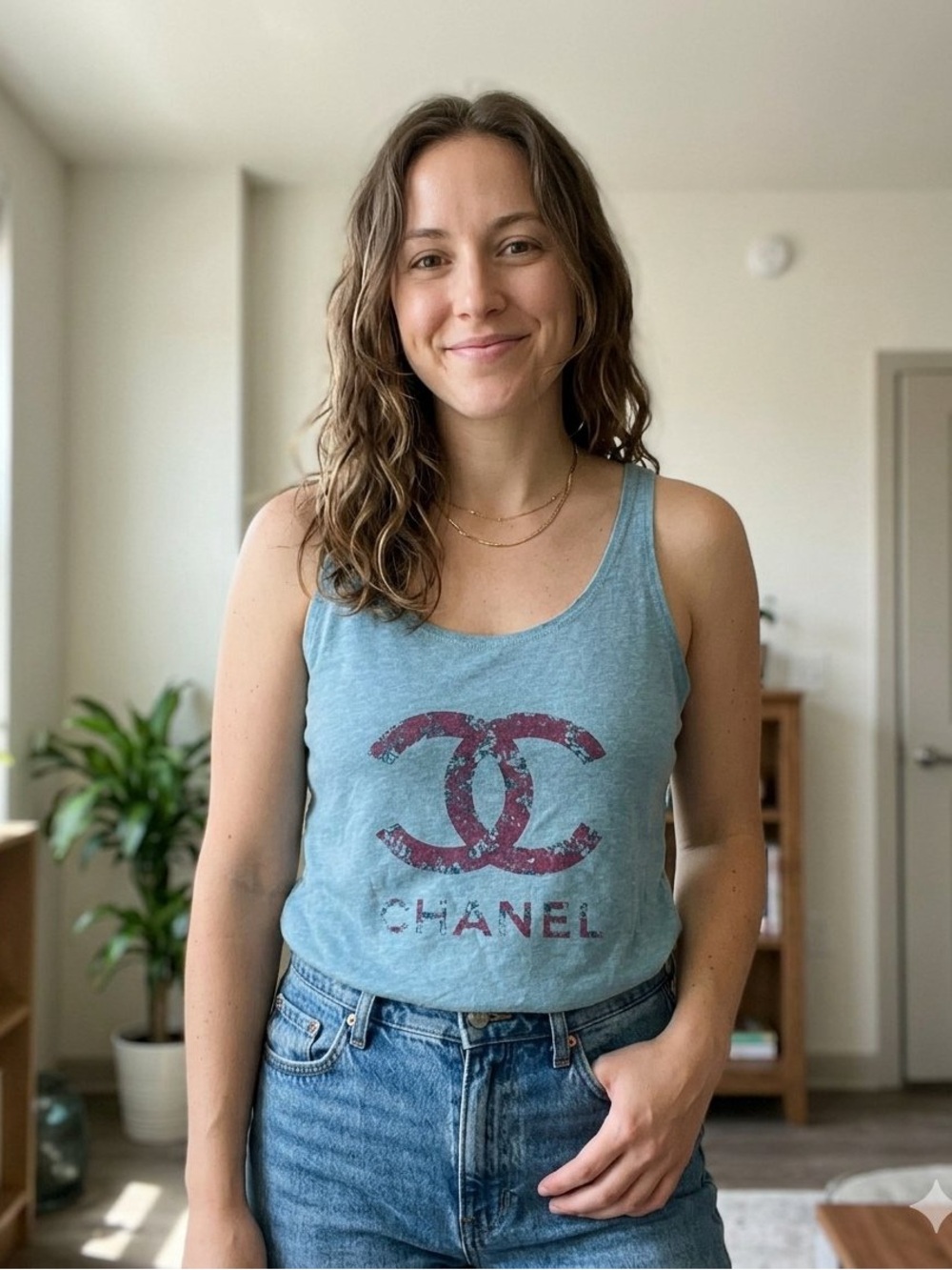 Next Level Apparel Light Blue Tank with Pink Logo Graphic
